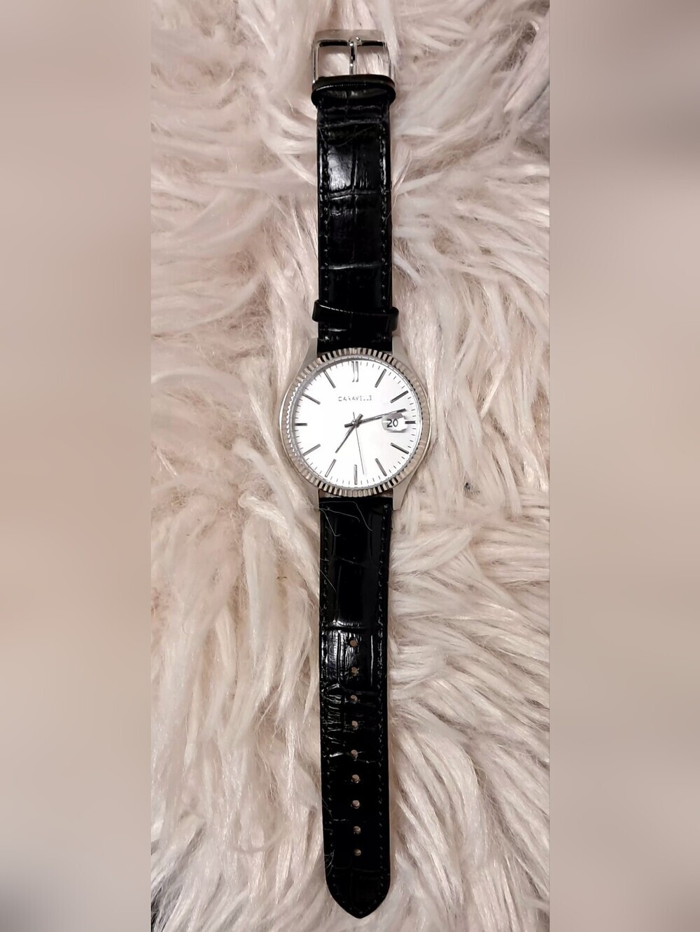Caravelle By Bulova Silver Dial Watch with Black Leather Strap